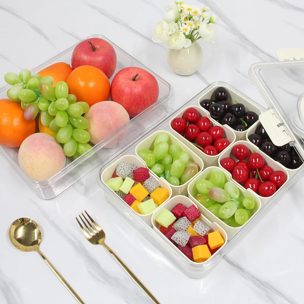 Snack Box Container, 8-compartment Divider Tray with Lid and Handle for Food, Snacks, Nuts, Fruit, Picnics, Travel - H-006-8