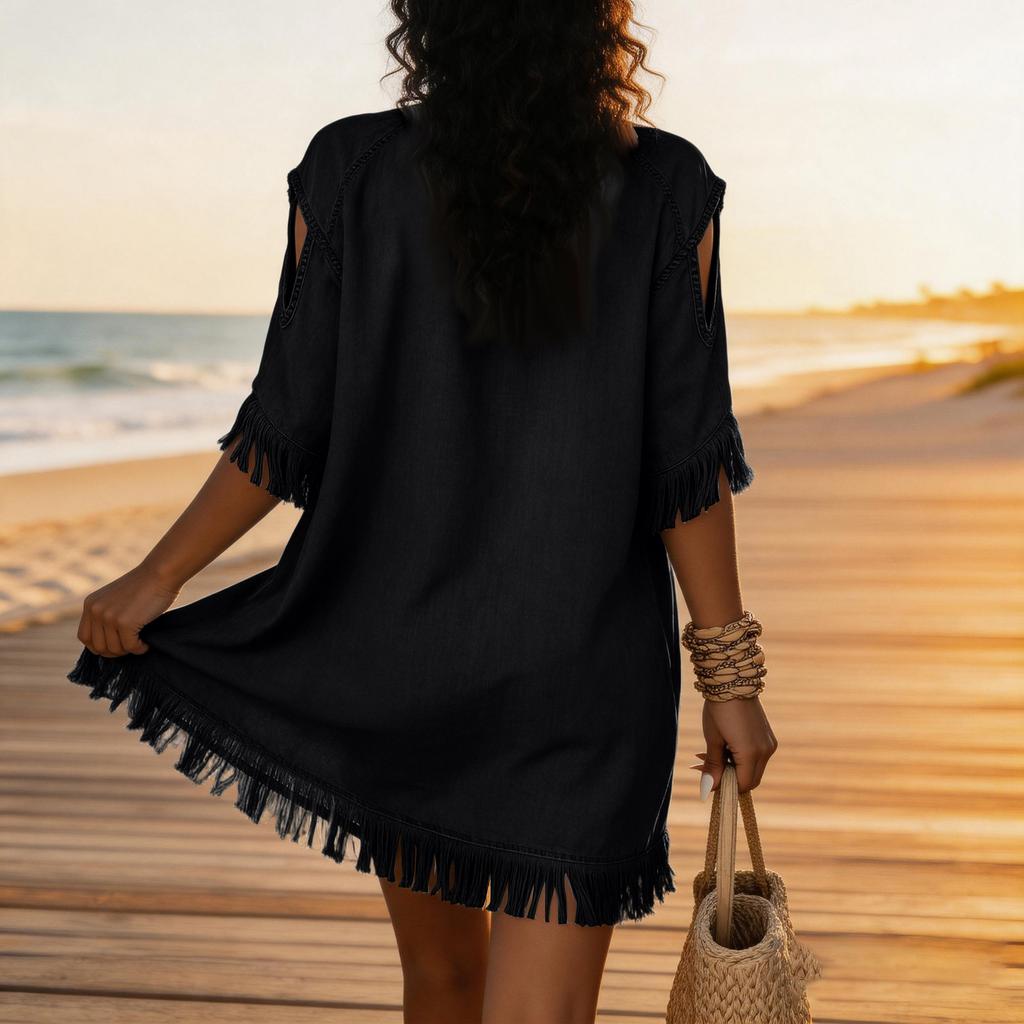 Women's Casual V Neck Shoulder Cutout Short Sleeve Loose Fit Mid Length Dress with Fringe Hem and Sleeve Details for Everyday Wear
