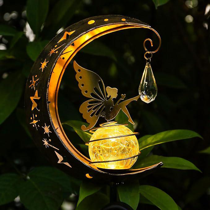 Hollow Moon Angel Solar Garden Pendant Light - Wrought Iron, Waterproof for Outdoor Lawn