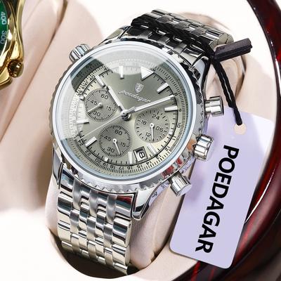 POEDAGAR Luxury Fashion Men Watch Stainless Steel Waterproof Luminous Quartz Male Clock Date Chronograph Military Men's Watches