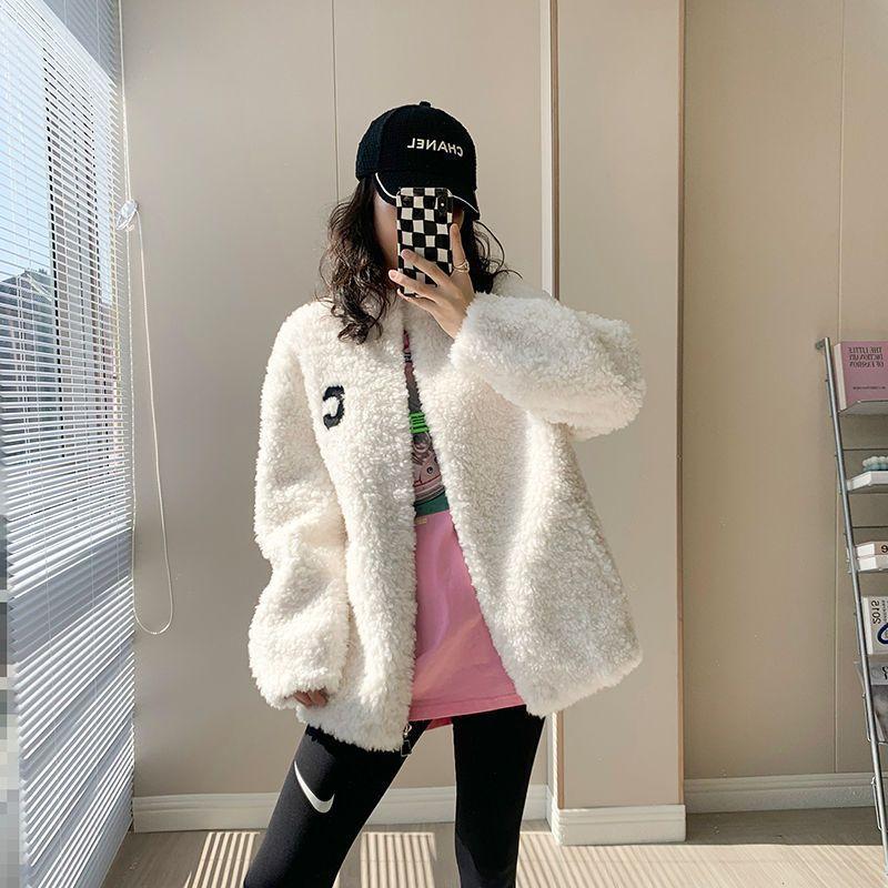 Autumn and winter casual wear double-sided coral fleece cardigan jacket fleece thickened stand-up collar loungewear embroidered sweater women