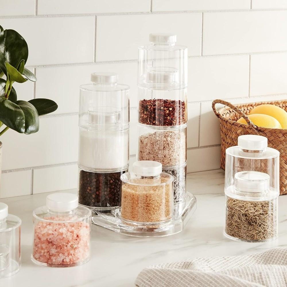 6pcs Transparent Tower Seasoning Jar Airtight Seal Plastic Stackable Seasoning Bottle Removable Lids Cylindrical Shape