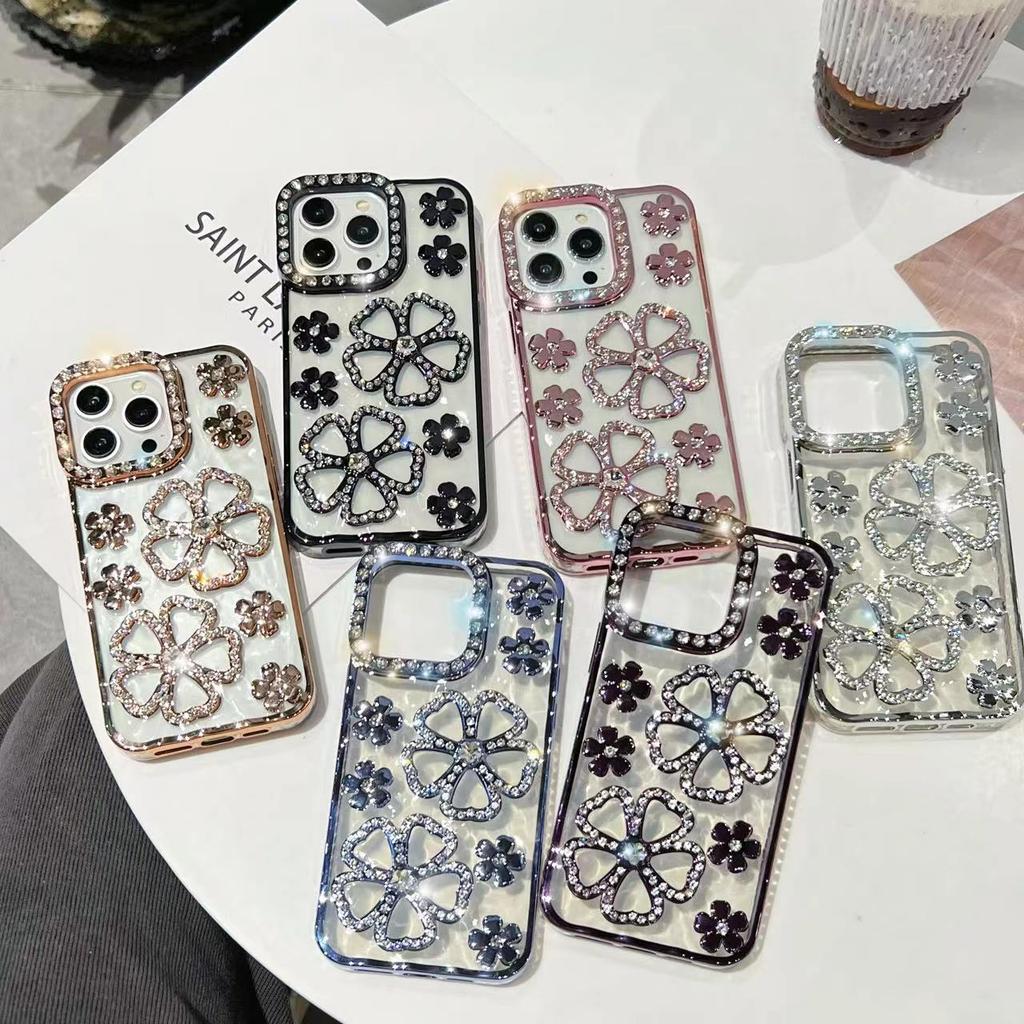 Applicable To iPhone17PROMAX Mobile Phone Case Electroplating Three-dimensional Diamond-encrusted Flower Apple 15 All-inclusive Anti-drop Protective C