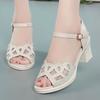Real soft leather fish mouth mesh hollowed sandals women's thick heel summer new one-word buckle middle heel versatile non-slip shoes children