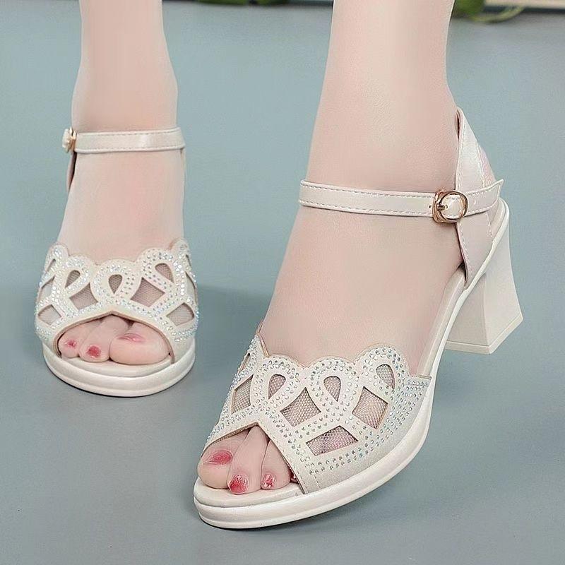 Real soft leather fish mouth mesh hollowed sandals women's thick heel summer new one-word buckle middle heel versatile non-slip shoes children