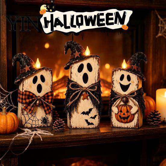 Solid Wood Seasonal Centerpiece 3Pcs Rustic Wooden Halloween Cat Tabletop Decor, Farmhouse Black Figurine Indoor Party Supplies with Witch Hat, Autumn