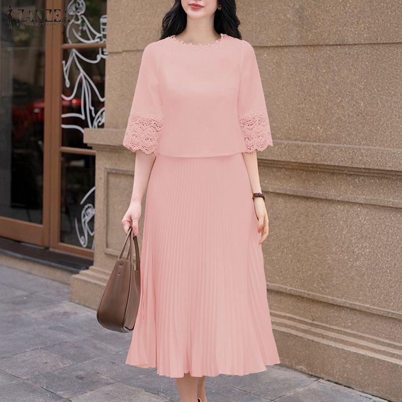 ZANZEA Women Elegant Round Neck Casual Half Sleeve Lace Splice Dress