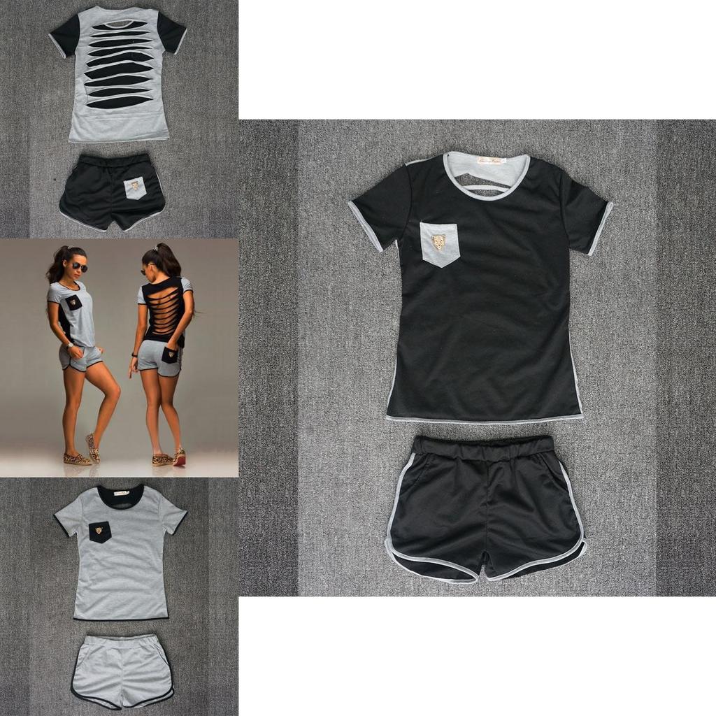 Women Sexy Short Sleeve Sportwear Top Pants Tacksuit Sets Jumpsuit T-shirt In Premium Cotton