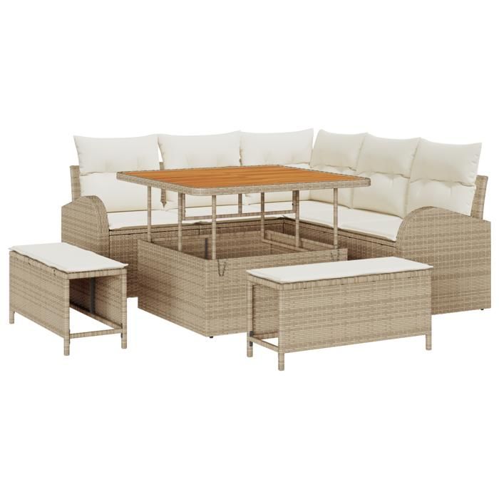 Ensemble de canapé de jardin 8 pièces avec coussins beige en poly rattan acacia, Canapé de jardin 2 places avec coussins 3362386