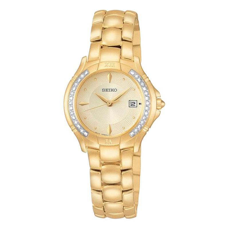 

SEIKO 50 meters waterproof Quartz Steel Strap 28mm women s watch gold dial SXDB10 золотий