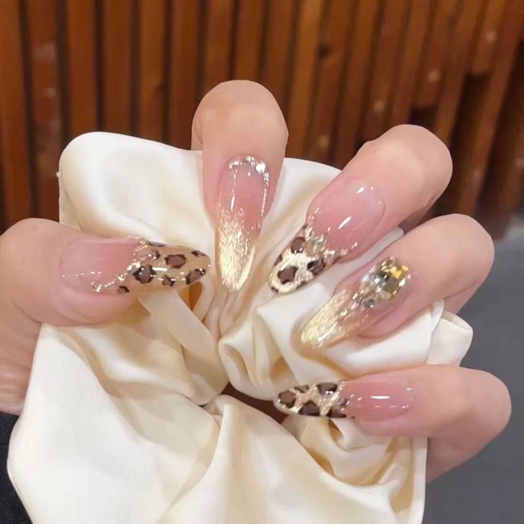 Sunset Gold Leopard Print Cat Eye Press-on Nails - Early Autumn Nude French Manicure S Glitter Leopard Print