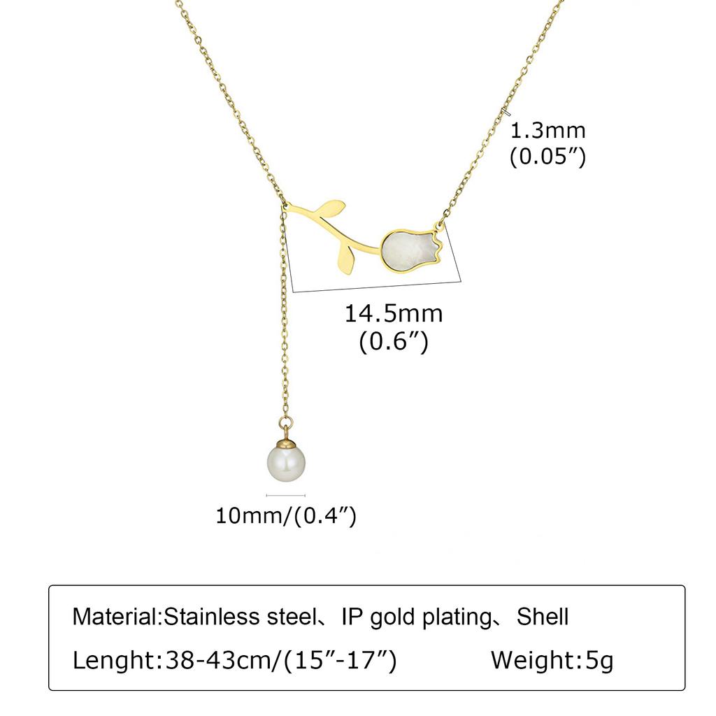 Dainty Shell Tulip Flower Pendant Necklaces For Women, Gold Color Stainless Steel Chain Necklace Simulated Pearl Charm Collar