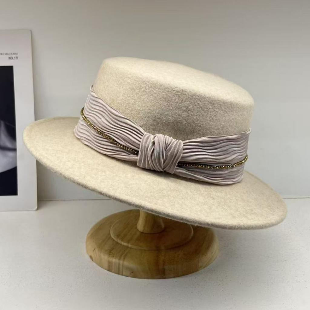 French Celebrity Style High Quality Flat Top Hat Women's Autumn and Winter Australian Wool Felt Hat Ribbon Top Hat Elegant Fashion Hat