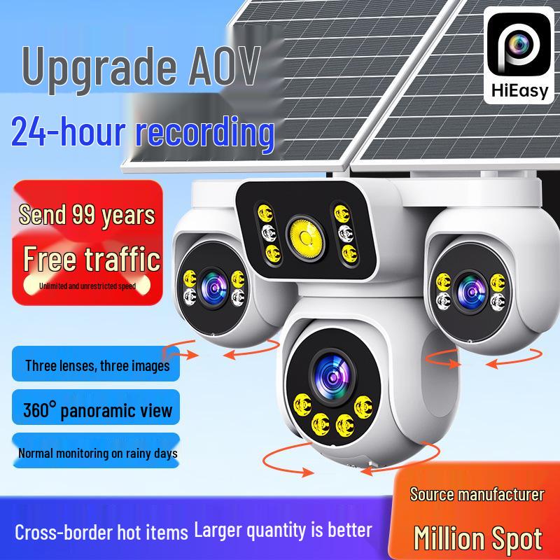 

Hieasy AOV Solar-Powered Three-Screen Outdoor Night Vision Camera Solar 3-Lens 4G Southeast Asia Version