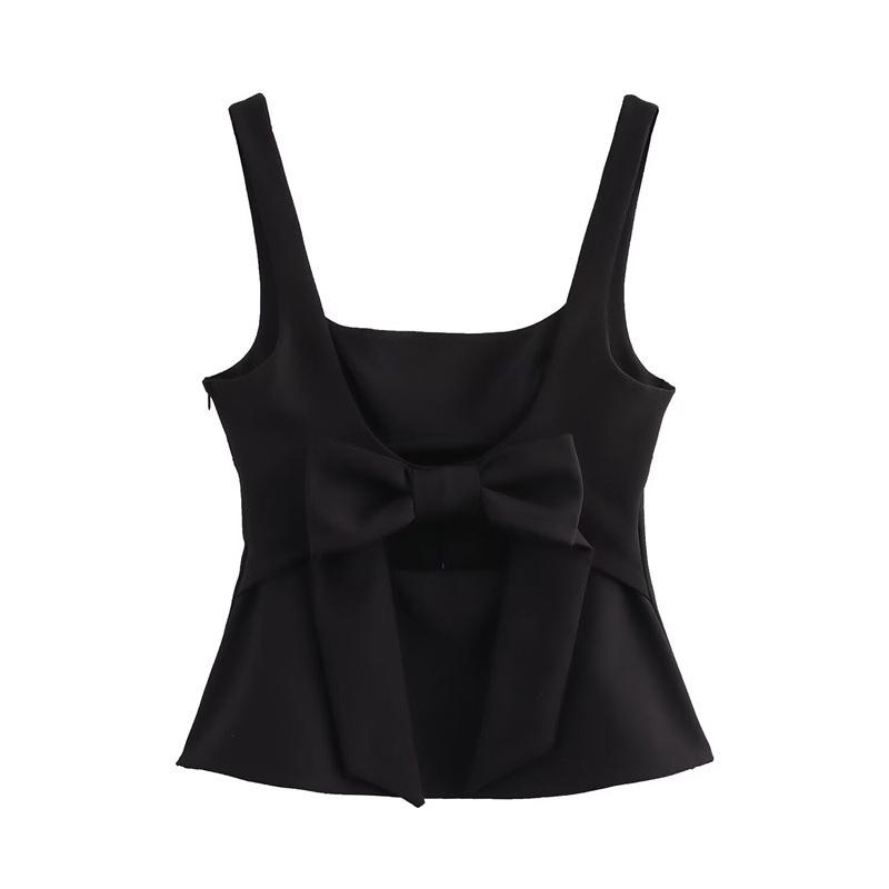 European & American Style Women's Square Neck Spaghetti Strap Top with Back Bowknot