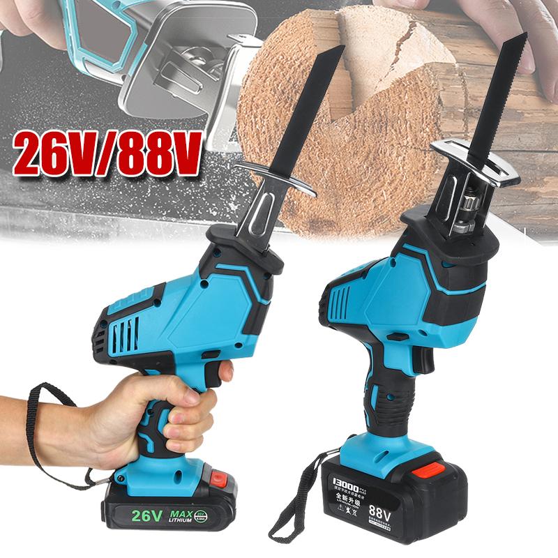 250W 13000mAh 26V/88V Cordless Reciprocating Saw+5 Saw Blades Metal Cutting Wood Tool Portable Woodworking Cutters Blue