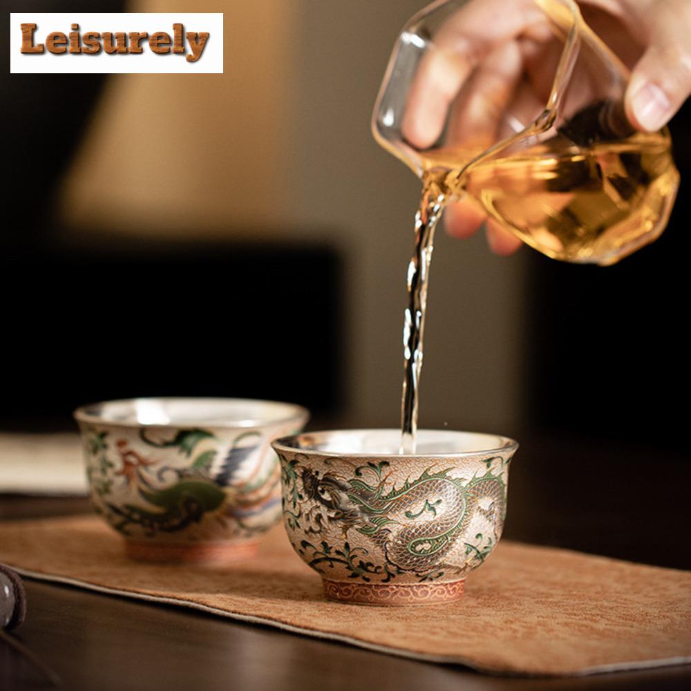 2pc/set Chinese Dragon Phoenix Ceramic Teacup Handmade Gilt Silver Master Cup Tea Couple Pair Tasting Tea Bowl Mug Drinking Gift