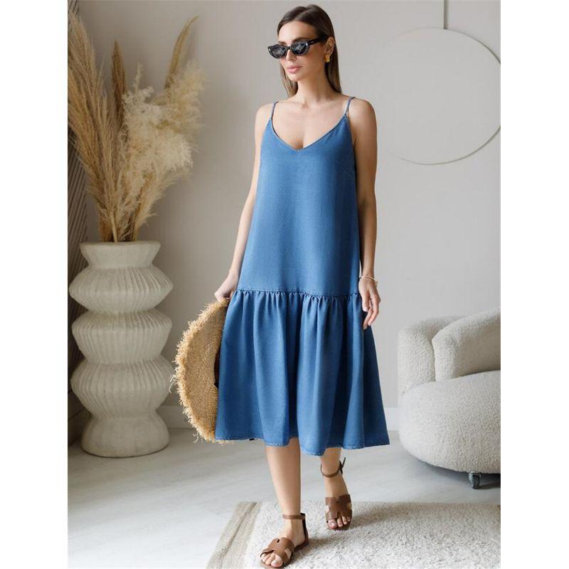 

Foreign Trade Pure Yuan Single Russian Official Website Summer New Women Sling Dress Loose Slimming Temperament Long dress Dark Blue 48