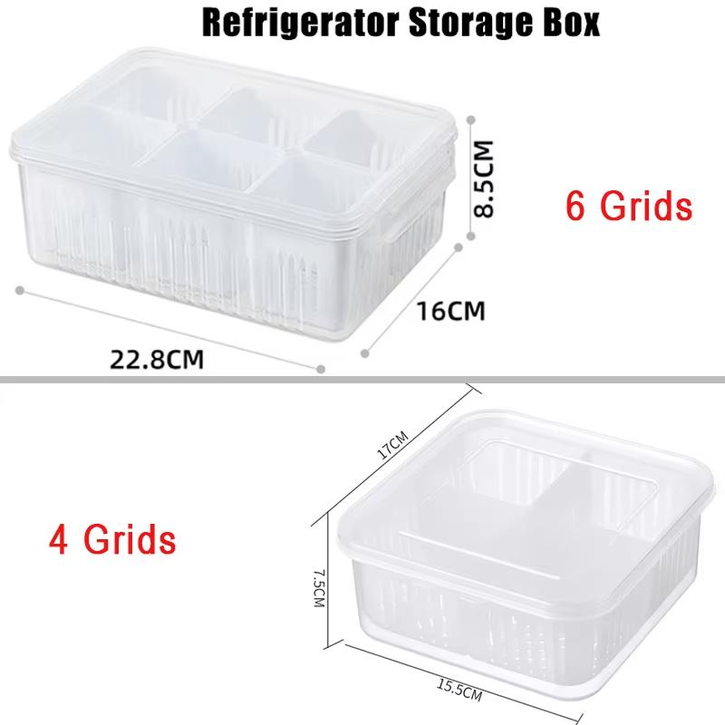 Refrigerator Storage Box 4/6 Grid Food Vegetable Fruit Storage Box Kitchen Fresh-keeping Box Drain Basket Kitchen Organizer