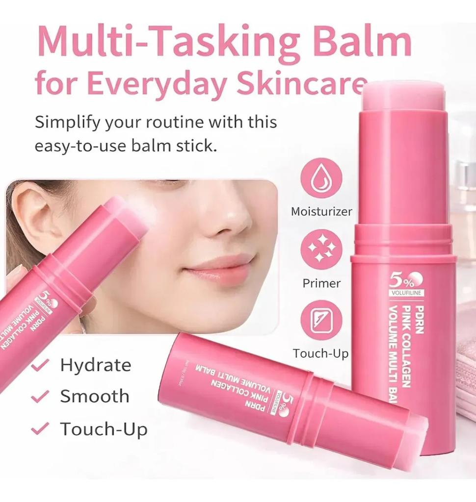 5% Volufiline PDRN Růžový Kolagenový Multi Balzám ve Tvaru Tyčinky, Přenosný Pevný Kolagenový Balzám na Péči o Pleť Obličeje, Hloubkově Hydratační Balzám pro Péči o Suchou Pleť Obličeje, 0,35 oz