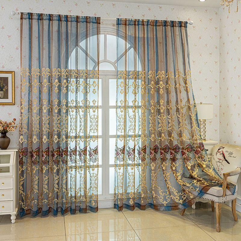 Elegant Floral Sheer Curtains | Vintage Style Translucent Polyester Drapes with Golden Accents | for Living Room or Bedroom