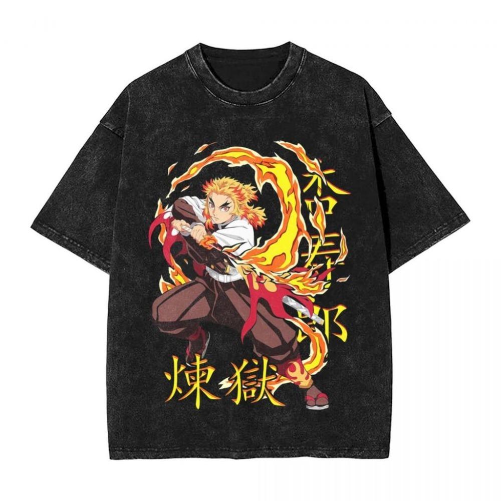 Hot Anime Demon Slayer Rengoku Kyoujurou Graphic Men Cotton Street T-shirts Washed Tee Harajuku Manga