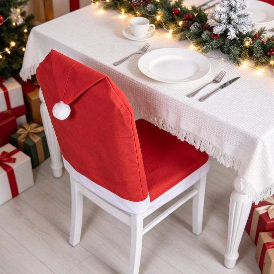 Reusable Dining Room Seat Covers Christmas Chair Cover, Red Santa Hat Slipcover, Holiday Restaurant Decoration Supplies Back Cover with Pom