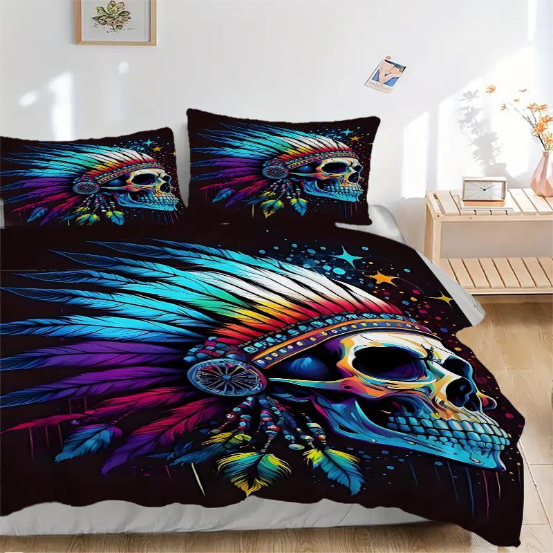 3pcs Colorful Indian Chief Skull Home Decor Bedding Set - Includes One Quilt Cover and Two Pillowcases (No Core) - Festival Gift for Bedroom and Guest