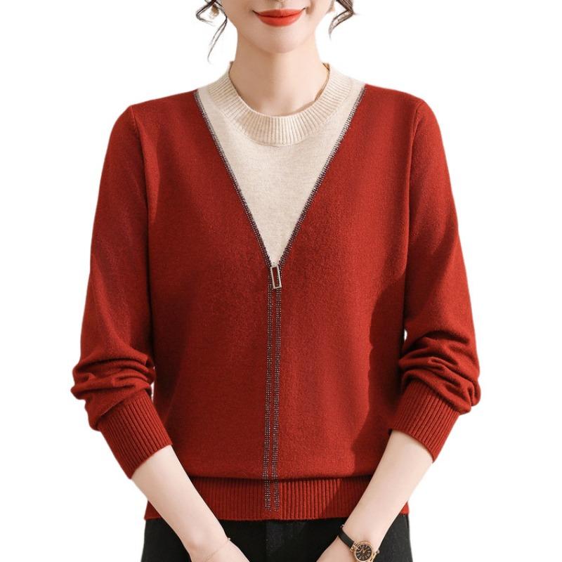 Spring new mother outfit middle-aged women's knitted sweater round neck thin long-sleeved sweater loose mother-in-law top