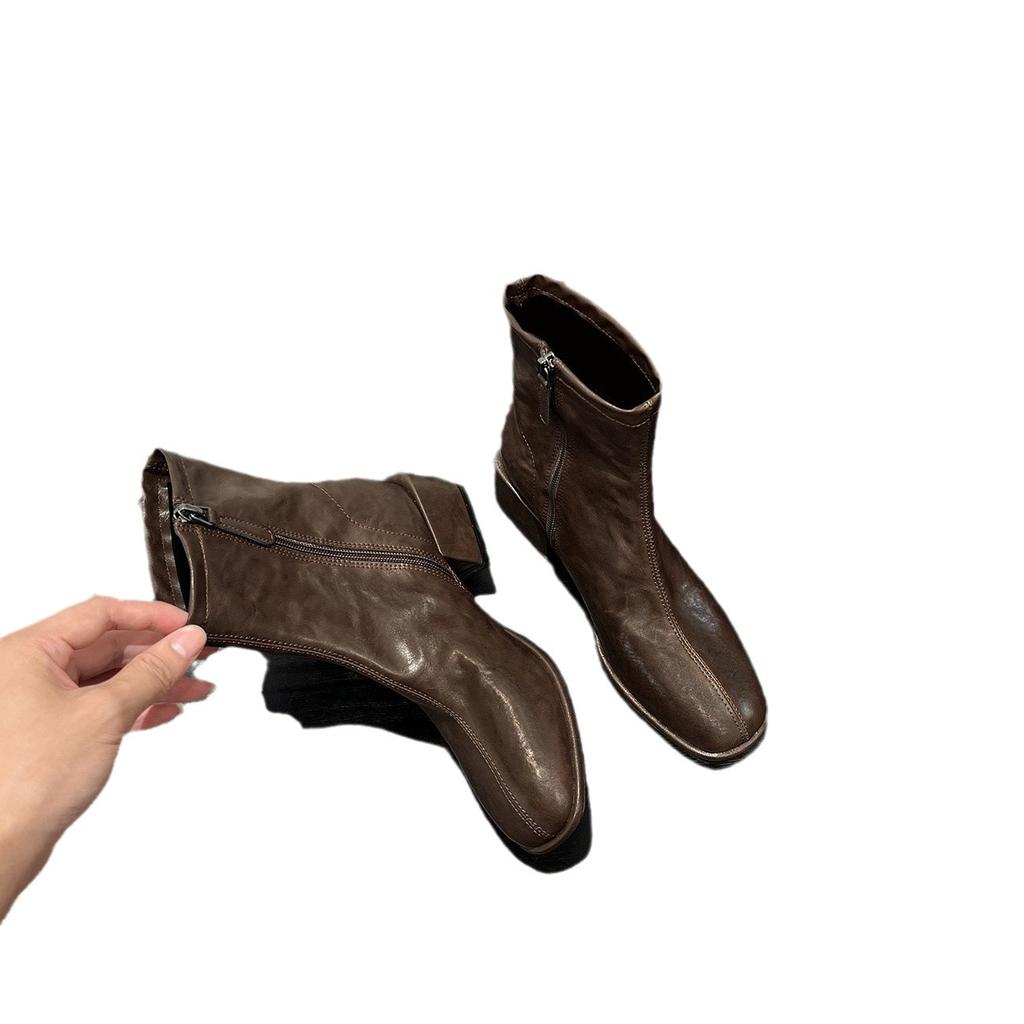 Fyrkantig tå Retro Skinny Stövletter Korta Stövlar Dam Tjock Klack Små Ankelstövlar Brittiska Martin Stövlar Enkla Stövlar