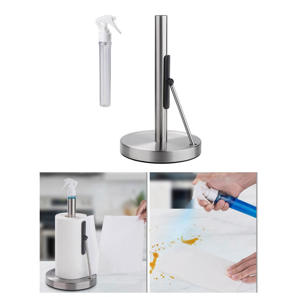 Stainless Steel Paper Towel Holder with Sprays Bottle Standing Weighted Base Tissue Roll Rack for Kitchen Countertop