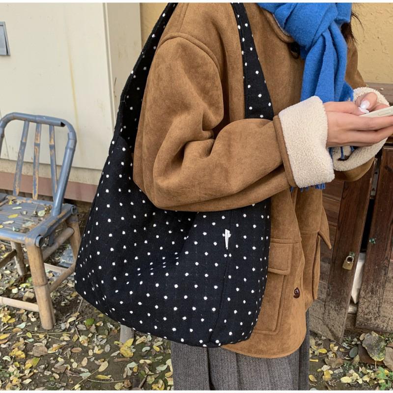 Torba Tote w Grochy Japoński Styl Codzienna Torba Ręczna z Mieszanki Wełny Modna Prosta Torba na Ramię Wysokiej Klasy Torba Listonoszka z Magnetycznym Zapięciem