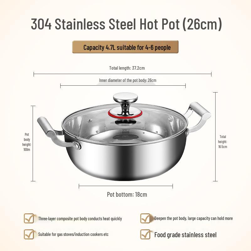 

304 Food-Grade Stainless Steel Triple-Layer Stockpot for Induction Cookers - Perfect for Clear Soups and Universal Boiling, Uncoated. 304 Stainless Steel