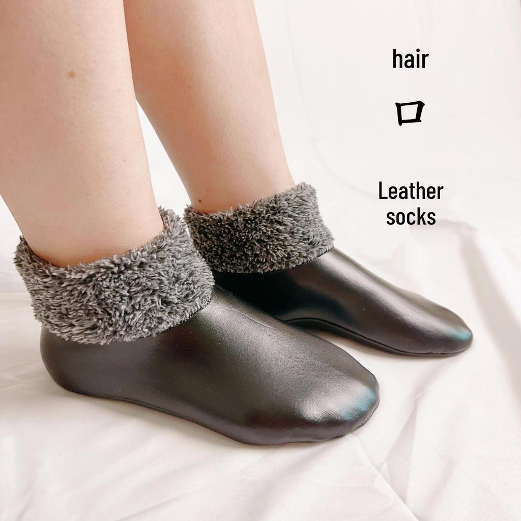 Extra Thick Waterproof Fleece-Lined Non-Slip Mid-Calf Leather Socks for Winter Cold Protection - Unisex Indoor Floor Socks