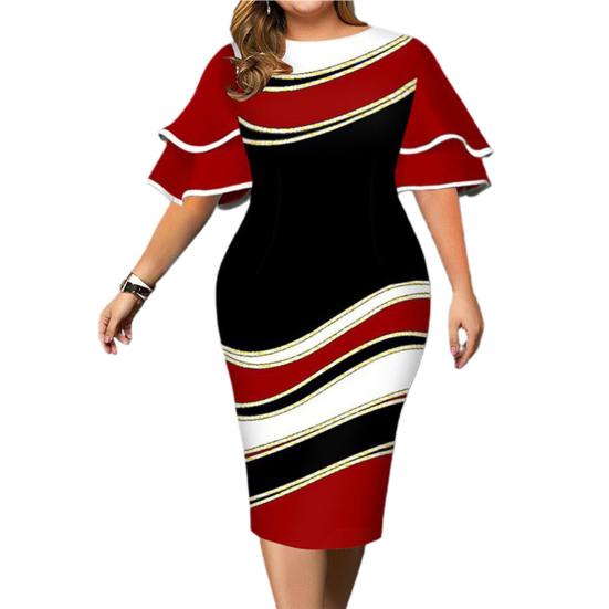 Festliches Kleid Digitaldruck Flatterärmel Übergröße Rundhalsausschnitt Schlitzsaum