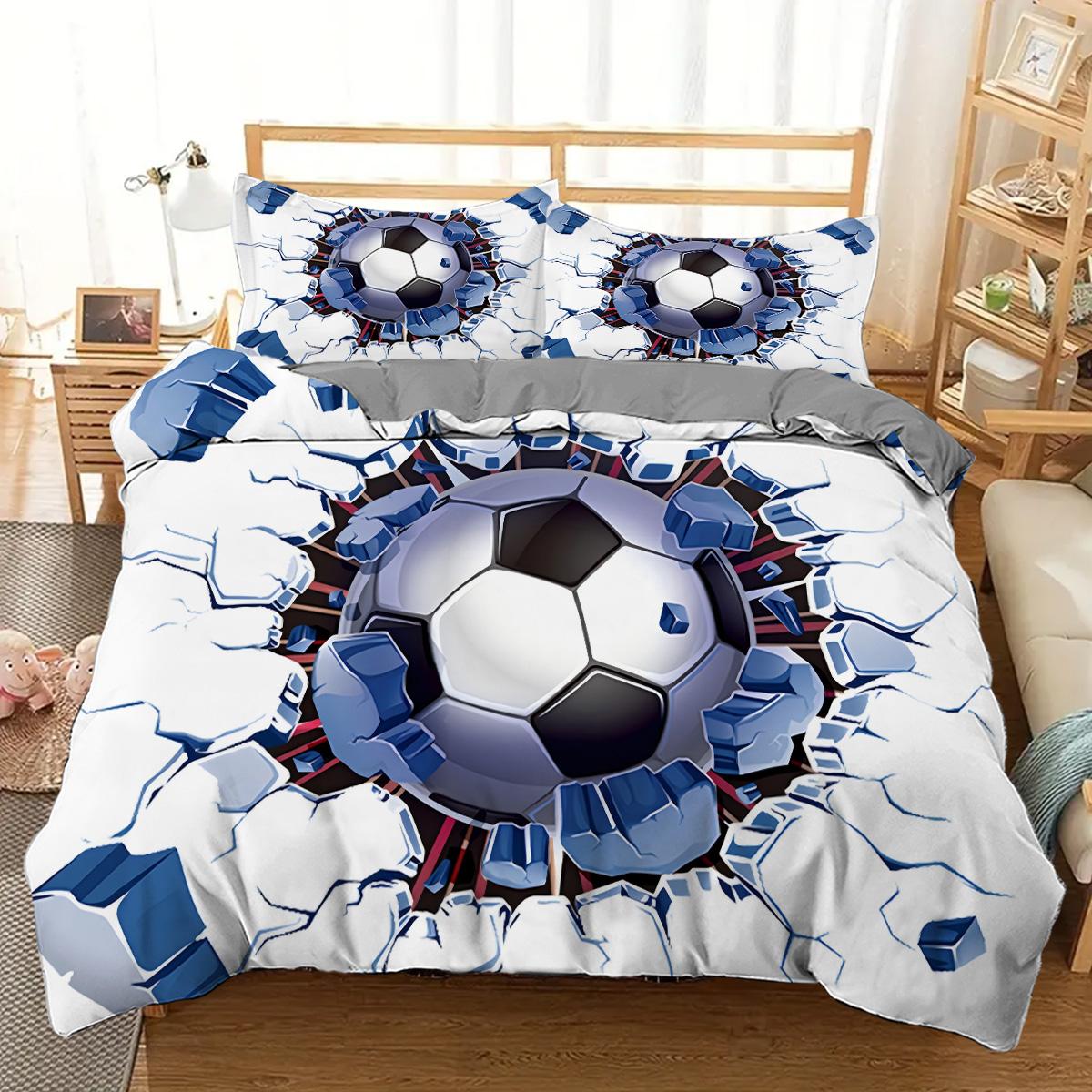

Football hitting wall pattern 3D visual effect print Quilt cover Cool Sports style Bedding Set Polyester Comfortable Duvet Cover EU Single(135*200cm)3pcs