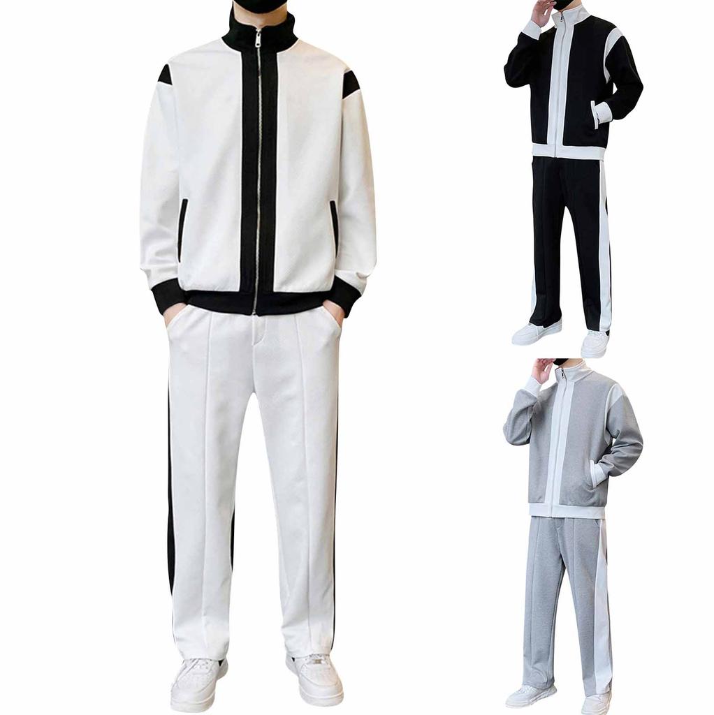 Men's Casual Sports Suit Stand Collar Long Sleeve Patchwork Jacket Drawstring Trousers Suit