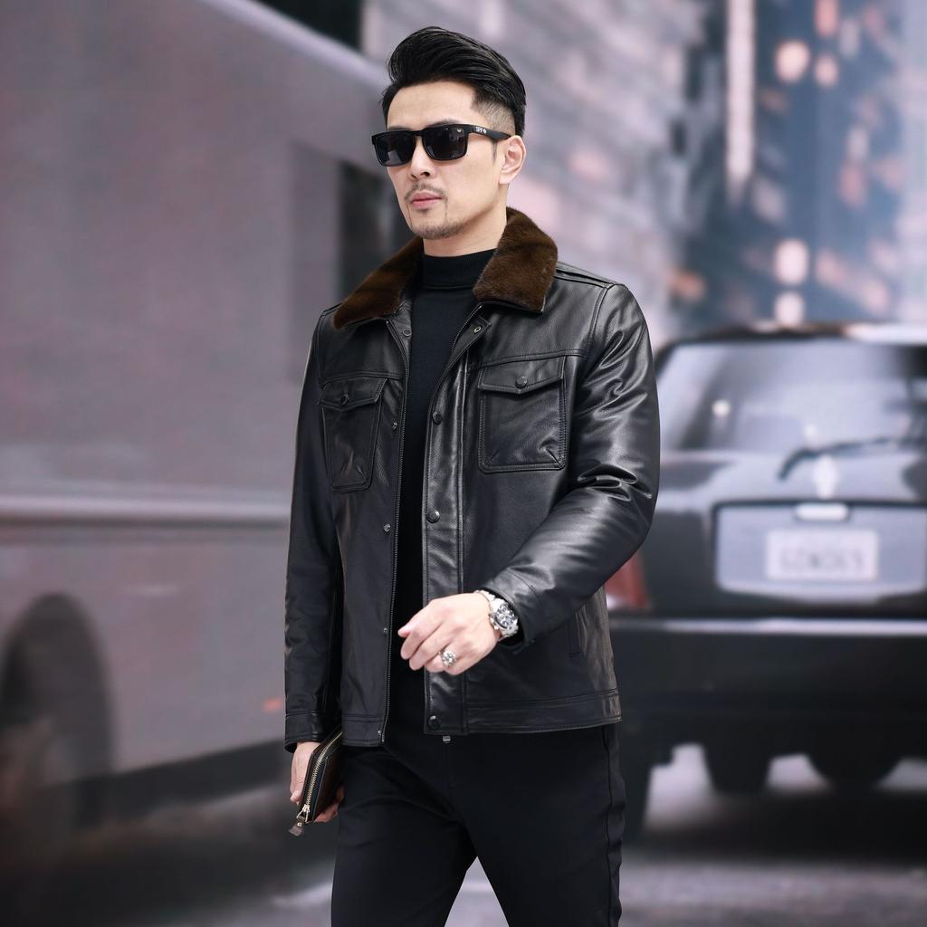 Mink velvet collar genuine leather cowhide jacket with lining mink velvet genuine leather jacket men's lapel thickened jacket winter
