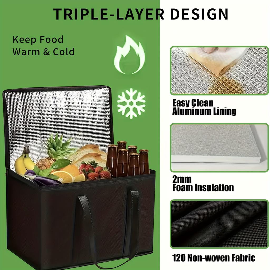 Extra Large Black Insulated Cooler Bag Durable, Reusable, Foldable, Multi-Compartment for Food & Beer, Good Temp Control.