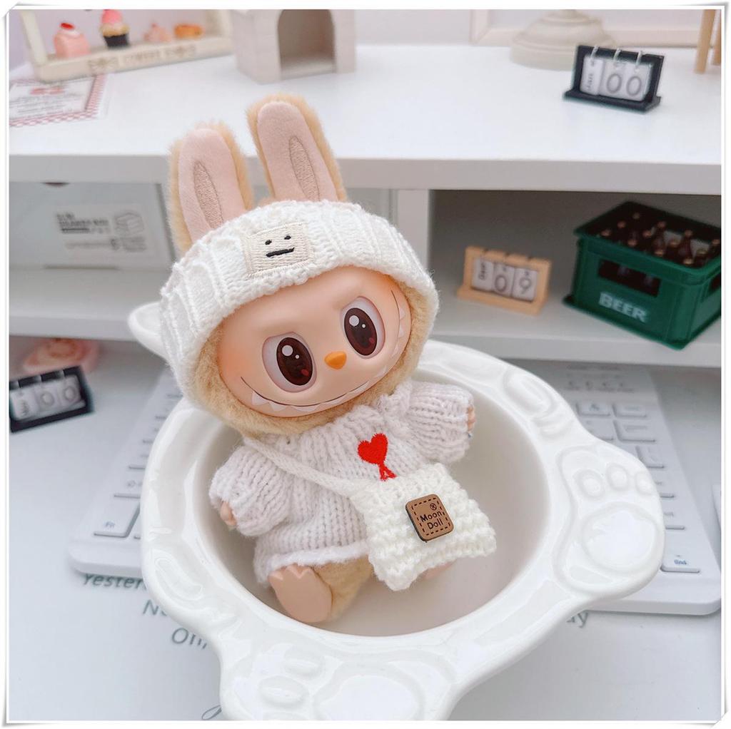 17cm Labubu Doll Clothes Set: Heart Sweater, Hat, Crossbody Bag - First & Second Generation.