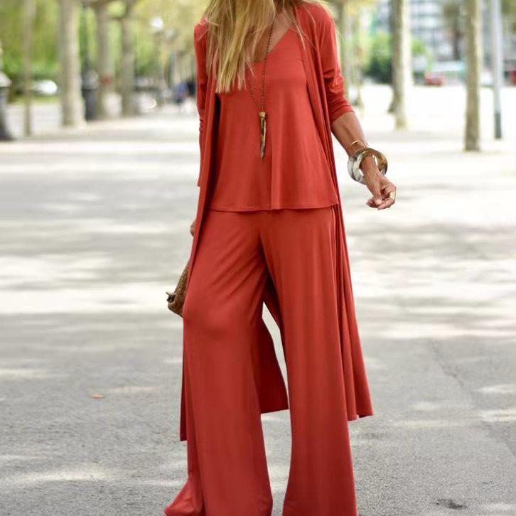 Women Autumn Tracksuits Pant Sets Fashion Casual Set Solid Tank Cardigans Wide Leg Trousers Suit