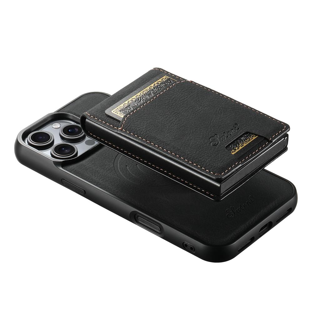 SUTENI H19 For iPhone 16 Pro Magnetic Case Card Holder Kickstand Litchi Texture Leather Back Cover