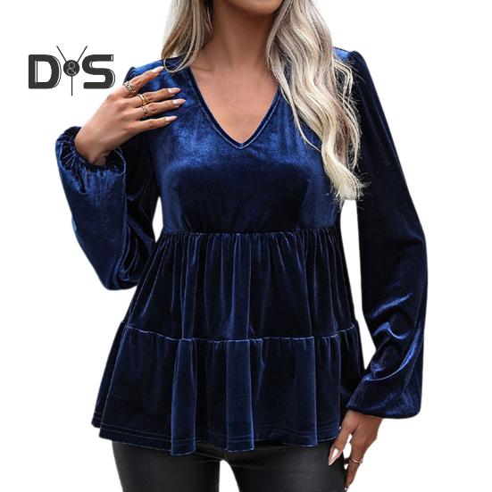 

Женские топы с V-образным вырезом, длинным рукавом, однотонный пуловер, свободный покрой, отделка рюшами, бархатная рубашка S темно-синий