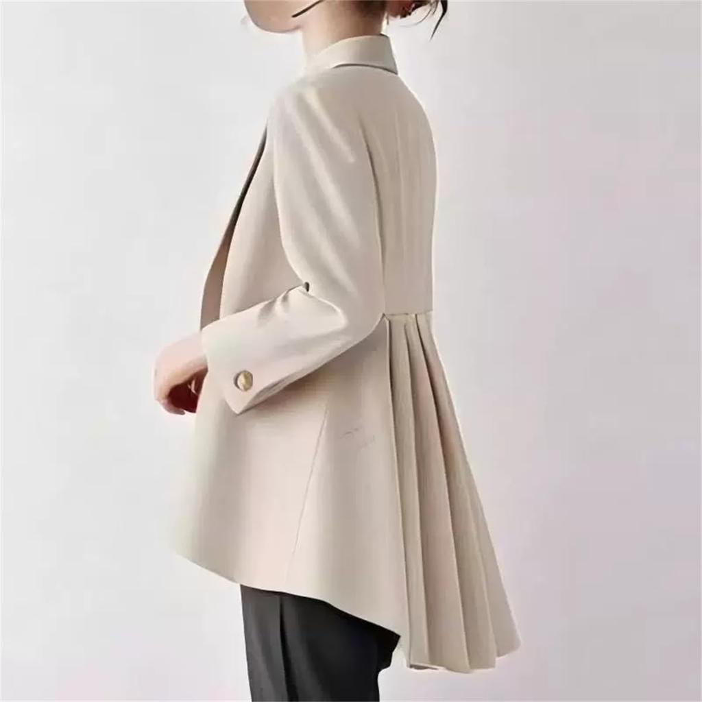 [YUANYUAN] Women's Pantsuit 2-Piece Set: Suit Jacket & Cigarette Pants, Tailored Jacket, Reversible Collar, Back Gathered, Pockets, Adult Cute, Formal