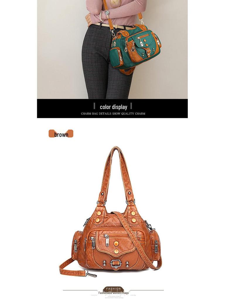 Women's Color Block Rivet Washed Leather Crossbody Handbag, Soft Leather, Large Capacity, Multi-Layer, Single Shoulder
