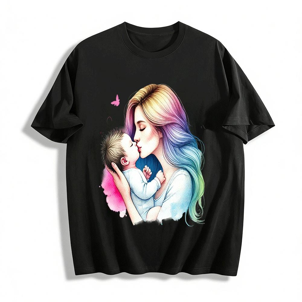 Mother And Baby Kissing Print Casual Adult Top Pure cotton T-shirt XXS