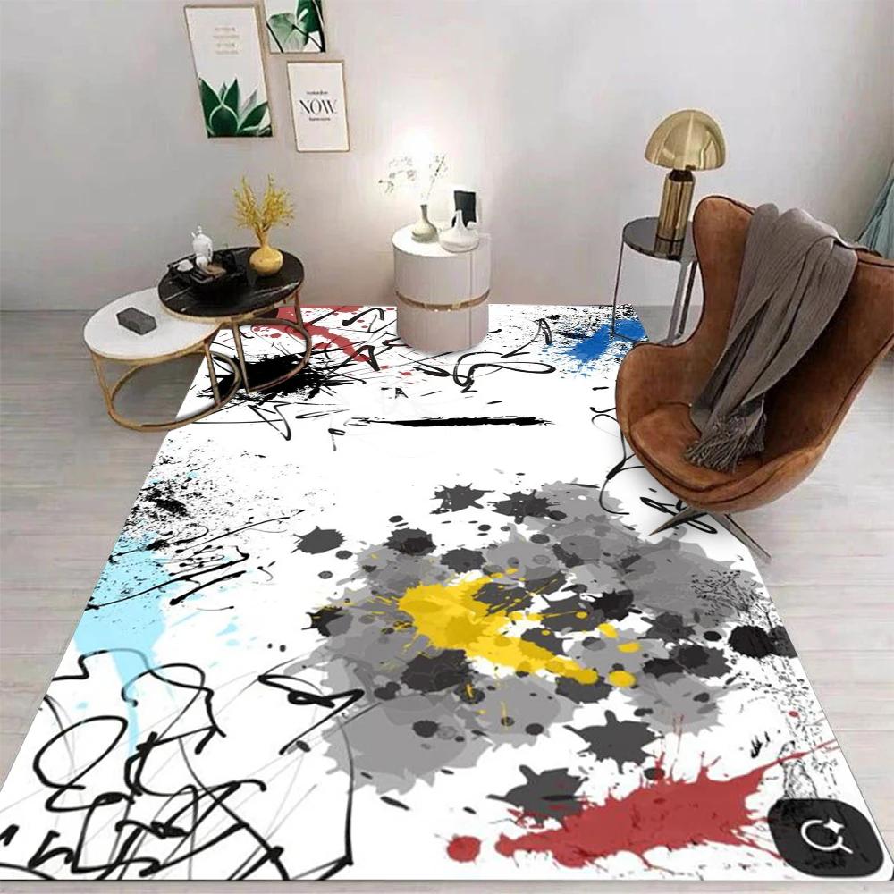 Art Splashed Ink Painting Style Carpet Retro Pattern Living Room Carpet Washable Dining Room Interior Mat Kitchen Area Carpet