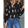 New European And American Women's V-neck Feather Print Long-sleeved Loose T-shirt Large Size Casual All-match Top