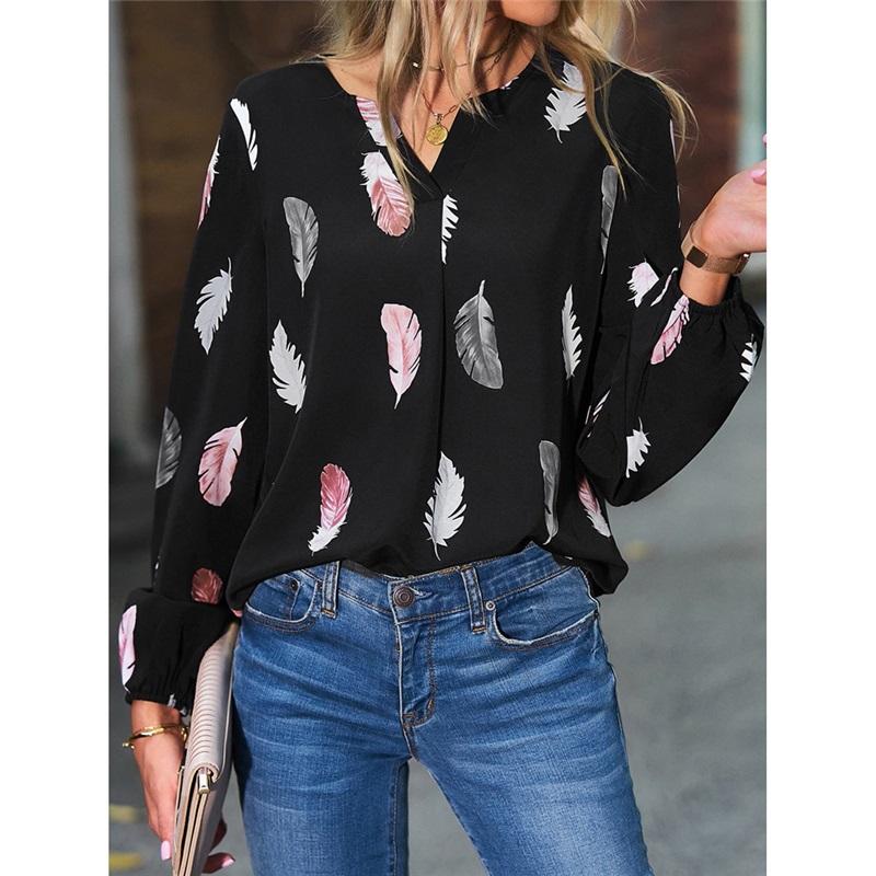 New European And American Women's V-neck Feather Print Long-sleeved Loose T-shirt Large Size Casual All-match Top