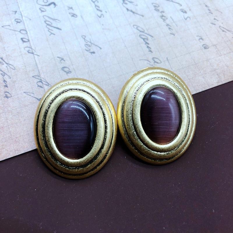 French Romantic Silver Needle Stud Earrings Electroplated Real Gold Stone Gemstone Enamel Glaze Ancient Stud Earrings